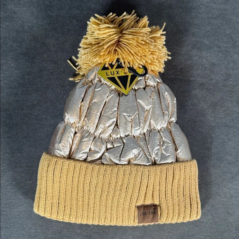 Adult Lux Lux Gold Puffer Beanie with Pom One Size fits Most NEW